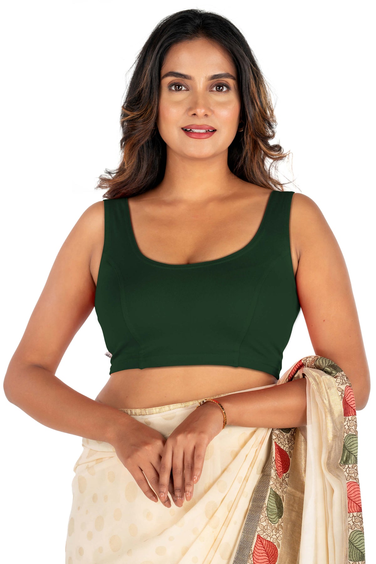 Abhi Cotton Readymade Saree Blouse for Women- Sleeveless, U-Neck, Regular-fit, Stretchable, Pull-on Style Bottle Green