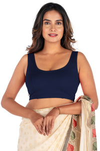 Abhi Cotton Readymade Saree Blouse for Women- Sleeveless, U-Neck, Regular-fit, Stretchable, Pull-on Style Denim blue