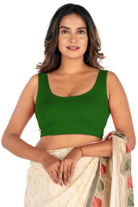 Abhi Cotton Readymade Saree Blouse for Women- Sleeveless, U-Neck, Regular-fit, Stretchable, Pull-on Style Dark Green