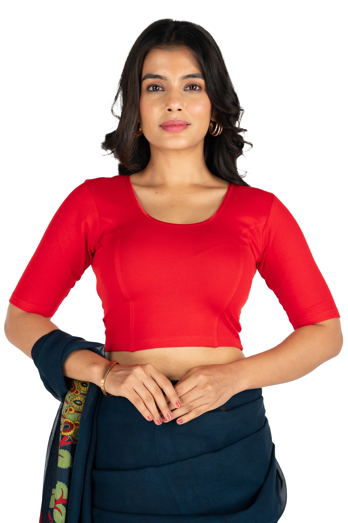 Abhi Cotton Readymade Saree Blouse for Women- Half Sleeves, U-Neck, Regular-fit, Stretchable, Pull-on Style