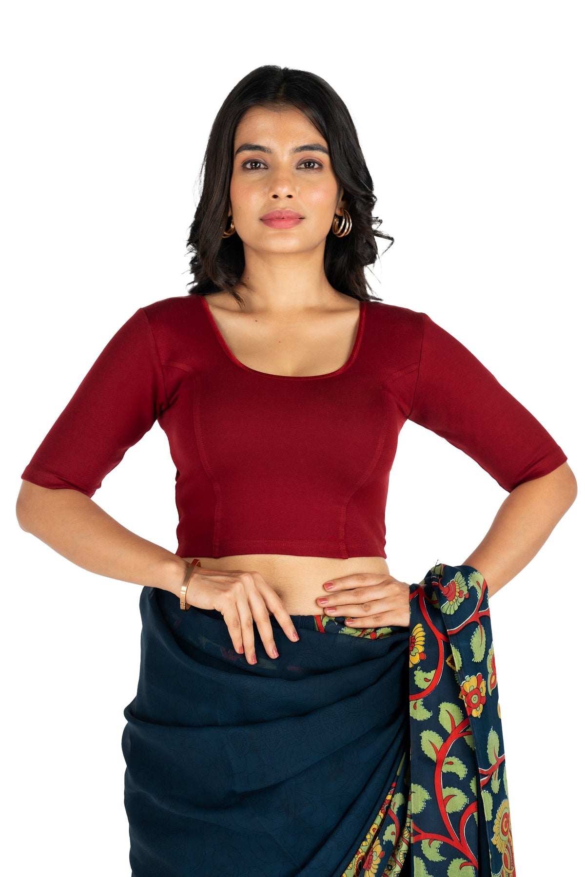 Abhi Cotton Readymade Saree Blouse for Women- Half Sleeves, U-Neck, Regular-fit, Stretchable, Pull-on Style