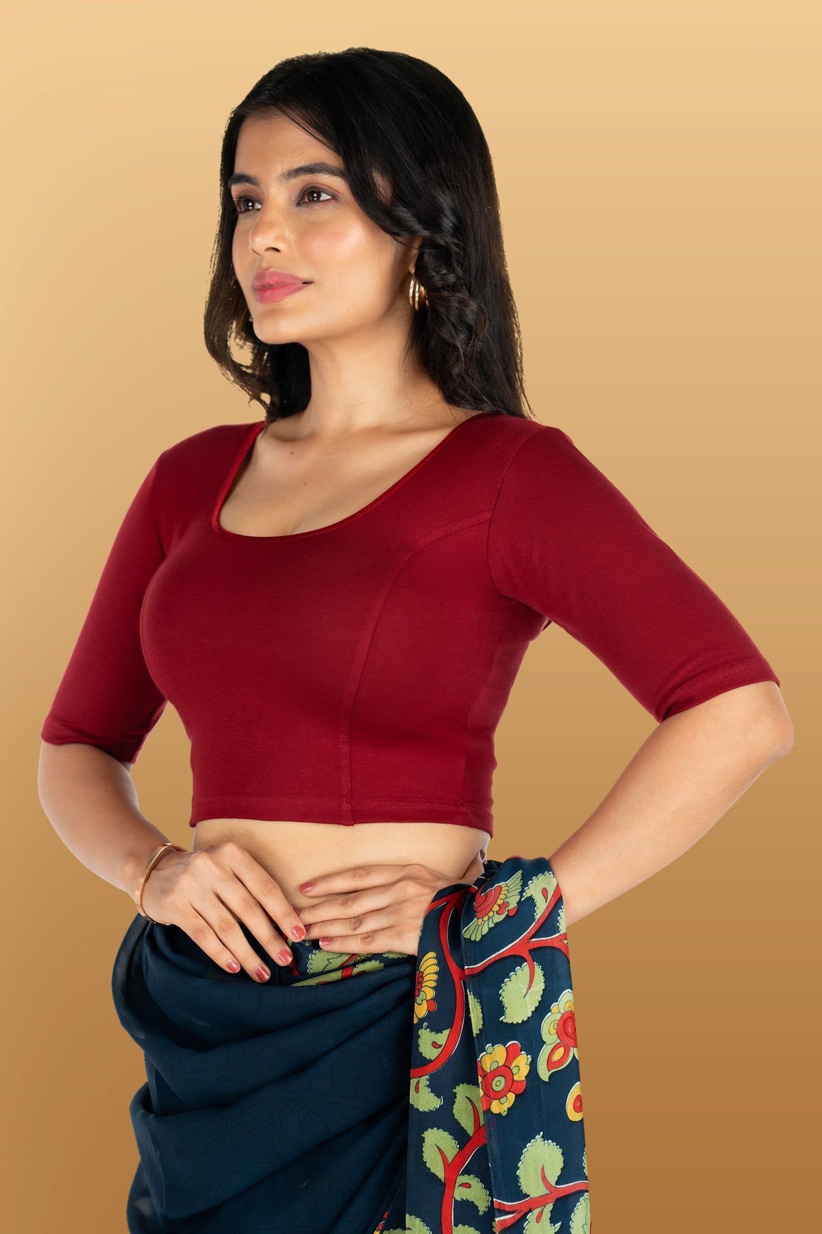 Abhi Cotton Readymade Saree Blouse for Women- Half Sleeves, U-Neck, Regular-fit, Stretchable, Pull-on Style
