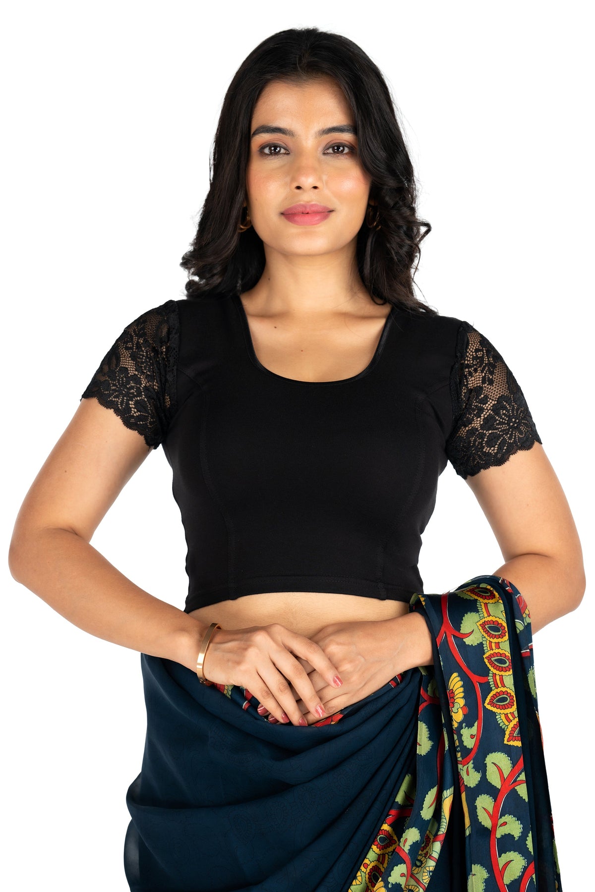 Abhi Cotton Readymade Saree Blouse for Women- Half Net Sleeves, Round Neck, Regular-fit, Stretchable, Pull-on Style Blouse