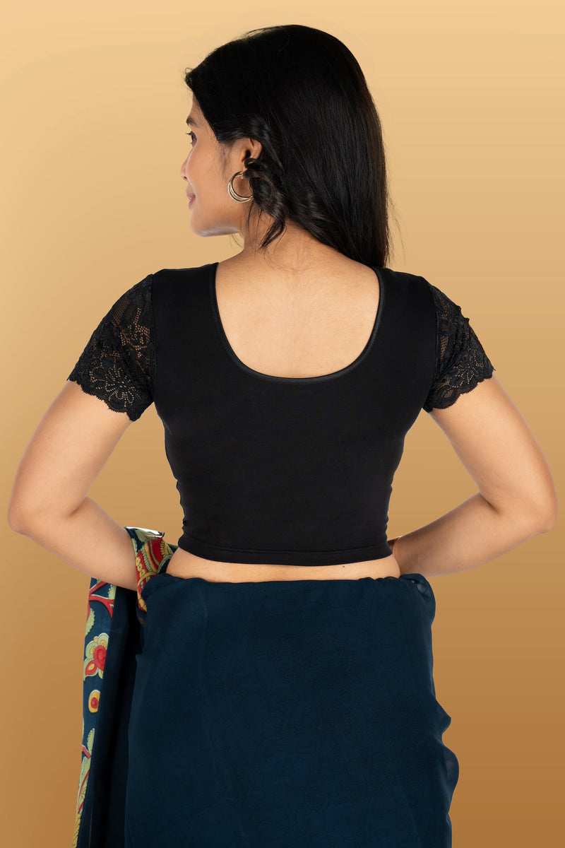 Abhi Cotton Readymade Saree Blouse for Women- Half Net Sleeves, Round Neck, Regular-fit, Stretchable, Pull-on Style Blouse