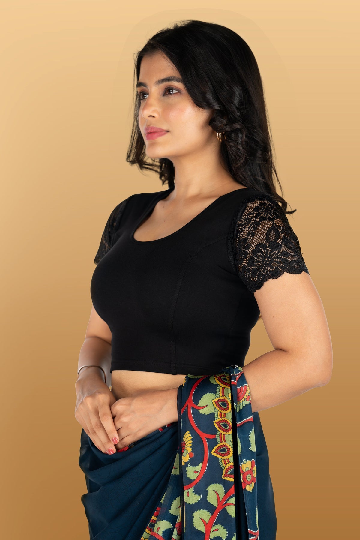 Abhi Cotton Readymade Saree Blouse for Women- Half Net Sleeves, Round Neck, Regular-fit, Stretchable, Pull-on Style Blouse