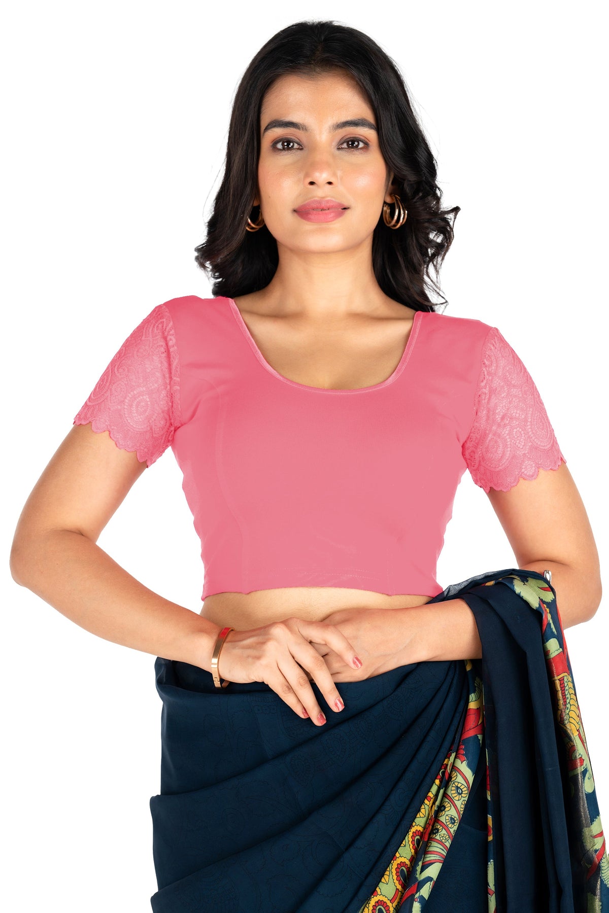 Abhi Cotton Readymade Saree Blouse for Women- Half Net Sleeves, Round Neck, Regular-fit, Stretchable, Pull-on Style Blouse