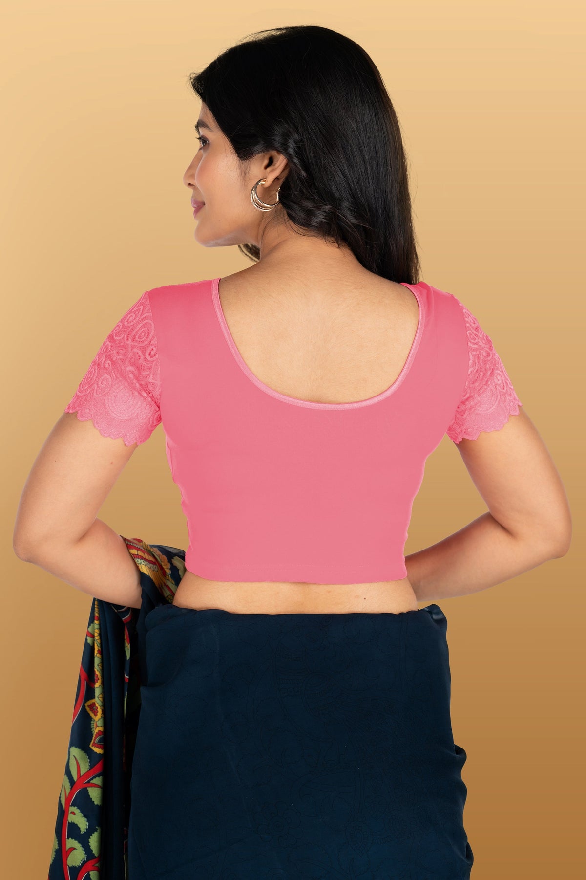 Abhi Cotton Readymade Saree Blouse for Women- Half Net Sleeves, Round Neck, Regular-fit, Stretchable, Pull-on Style Blouse