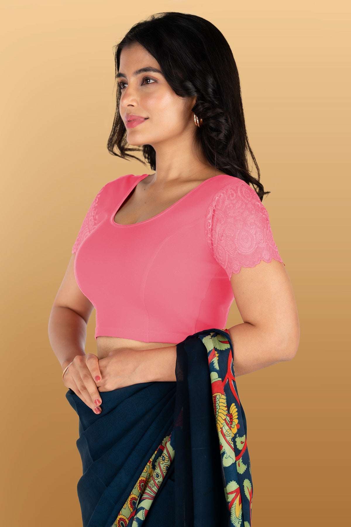 Abhi Cotton Readymade Saree Blouse for Women- Half Net Sleeves, Round Neck, Regular-fit, Stretchable, Pull-on Style Blouse