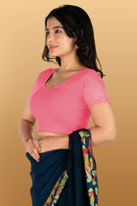 Abhi Cotton Readymade Saree Blouse for Women- Half Net Sleeves, Round Neck, Regular-fit, Stretchable, Pull-on Style Blouse