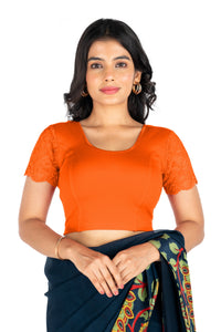 Abhi Cotton Readymade Saree Blouse for Women- Half Net Sleeves, Round Neck, Regular-fit, Stretchable, Pull-on Style Blouse
