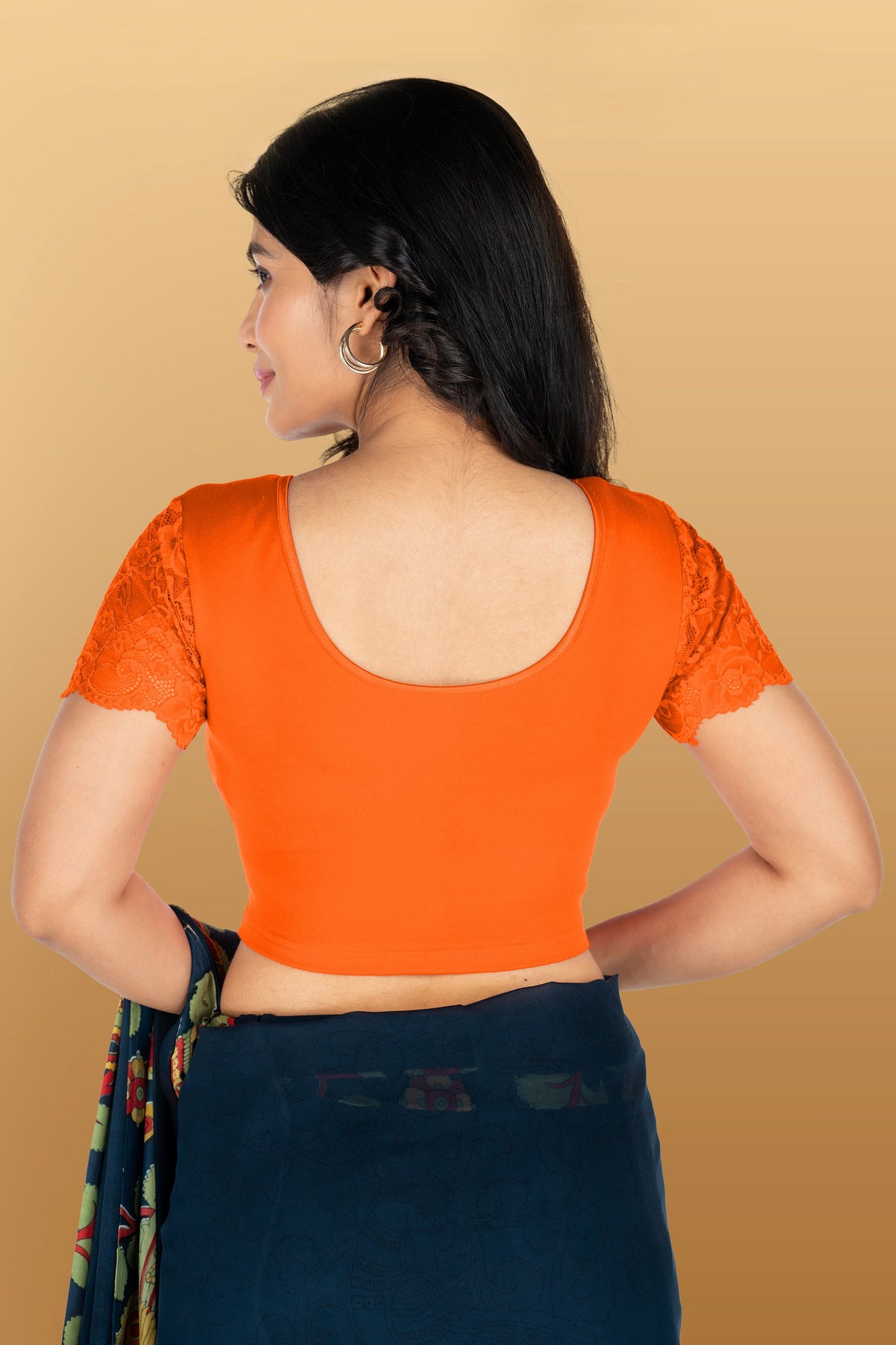 Abhi Cotton Readymade Saree Blouse for Women- Half Net Sleeves, Round Neck, Regular-fit, Stretchable, Pull-on Style Blouse