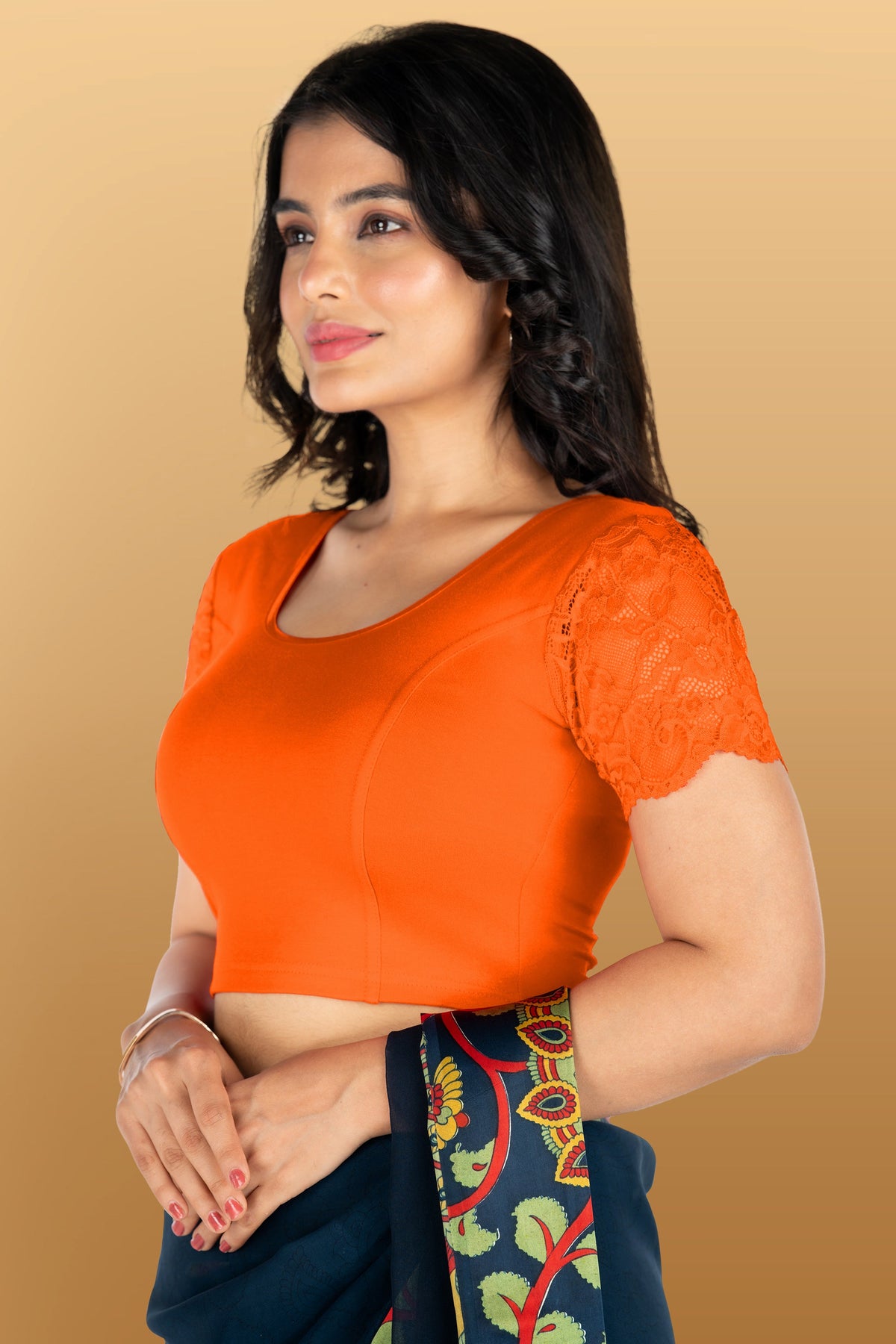 Abhi Cotton Readymade Saree Blouse for Women- Half Net Sleeves, Round Neck, Regular-fit, Stretchable, Pull-on Style Blouse