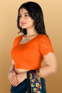 Abhi Cotton Readymade Saree Blouse for Women- Half Net Sleeves, Round Neck, Regular-fit, Stretchable, Pull-on Style Blouse