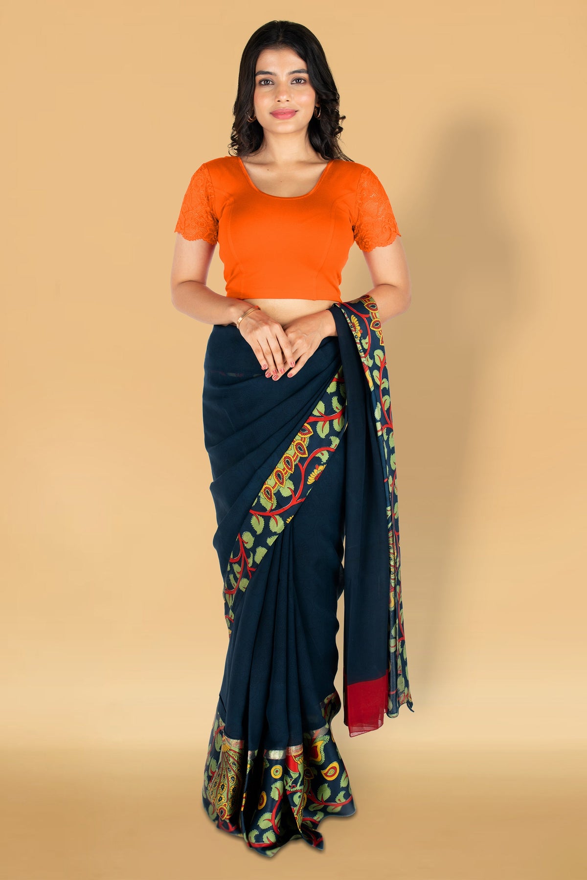 Abhi Cotton Readymade Saree Blouse for Women- Half Net Sleeves, Round Neck, Regular-fit, Stretchable, Pull-on Style Blouse