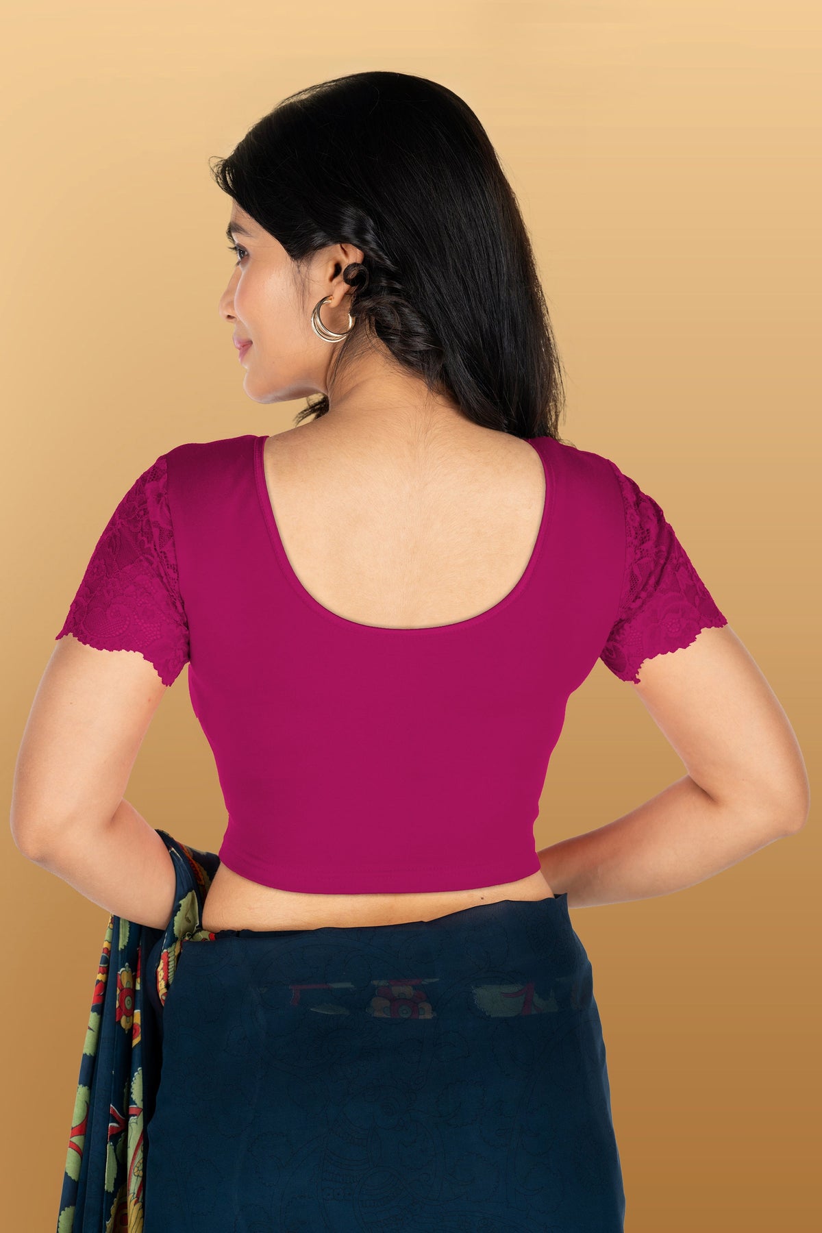 Abhi Cotton Readymade Saree Blouse for Women- Half Net Sleeves, Round Neck, Regular-fit, Stretchable, Pull-on Style Blouse