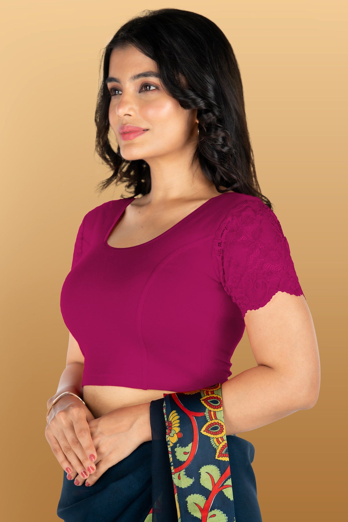 Abhi Cotton Readymade Saree Blouse for Women- Half Net Sleeves, Round Neck, Regular-fit, Stretchable, Pull-on Style Blouse