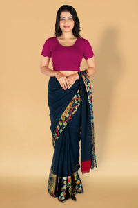 Abhi Cotton Readymade Saree Blouse for Women- Half Net Sleeves, Round Neck, Regular-fit, Stretchable, Pull-on Style Blouse