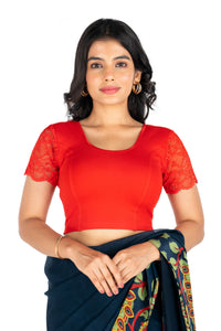 Abhi Cotton Readymade Saree Blouse for Women- Half Net Sleeves, Round Neck, Regular-fit, Stretchable, Pull-on Style Blouse