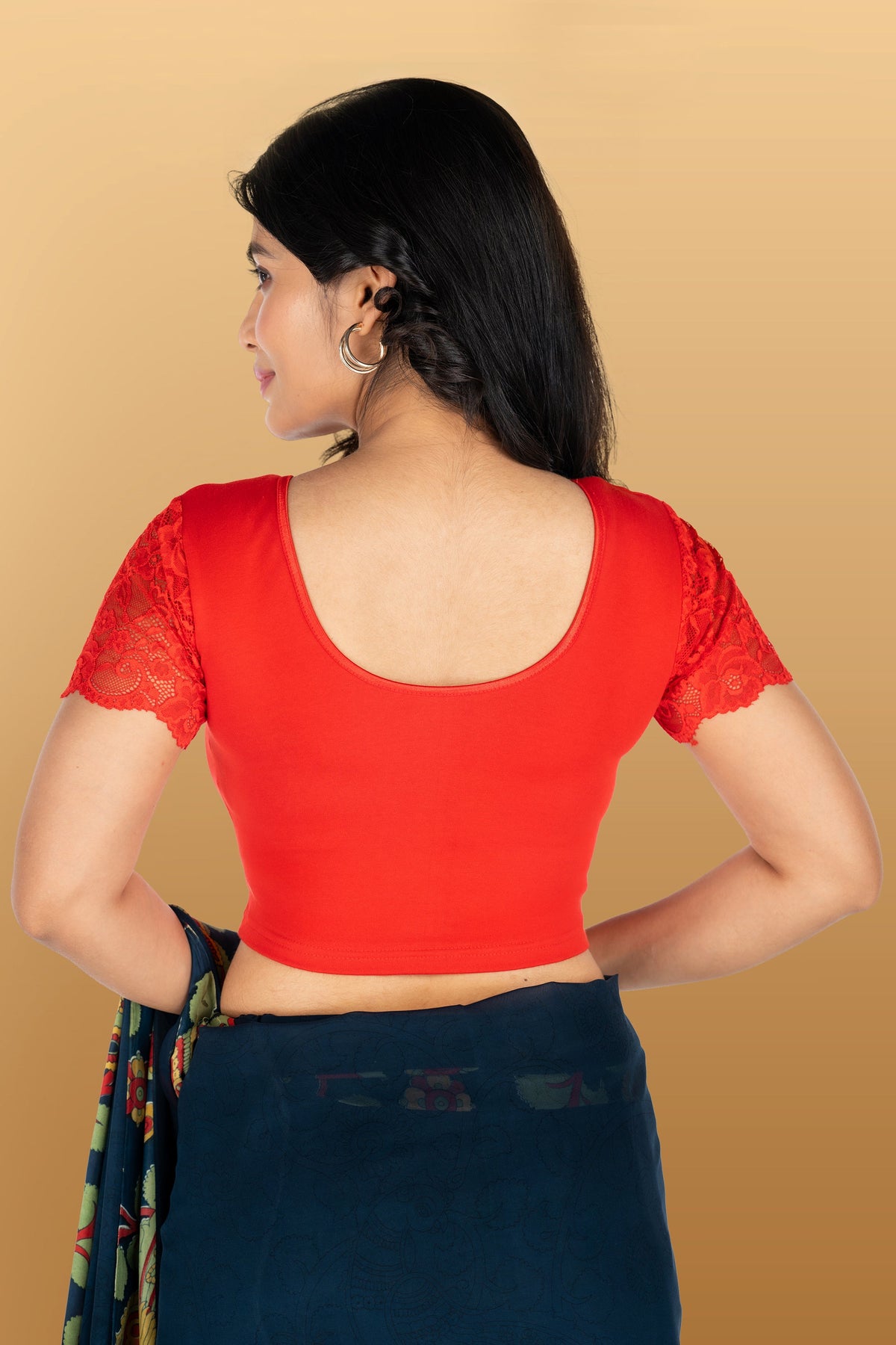 Abhi Cotton Readymade Saree Blouse for Women- Half Net Sleeves, Round Neck, Regular-fit, Stretchable, Pull-on Style Blouse
