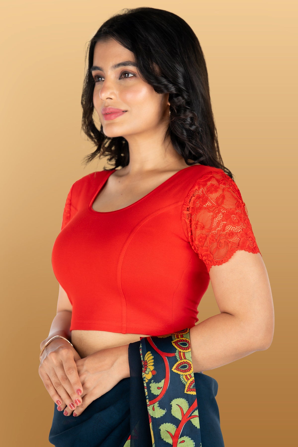 Abhi Cotton Readymade Saree Blouse for Women- Half Net Sleeves, Round Neck, Regular-fit, Stretchable, Pull-on Style Blouse