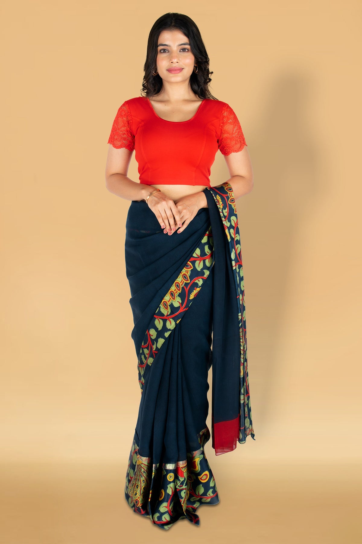 Abhi Cotton Readymade Saree Blouse for Women- Half Net Sleeves, Round Neck, Regular-fit, Stretchable, Pull-on Style Blouse