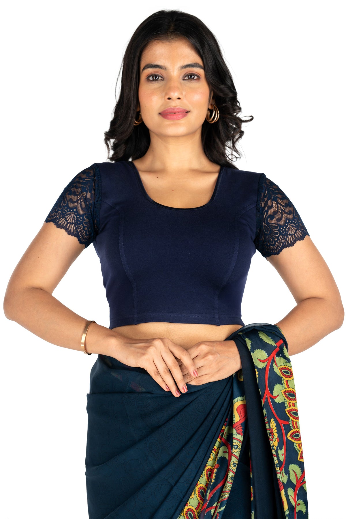 Abhi Cotton Readymade Saree Blouse for Women- Half Net Sleeves, Round Neck, Regular-fit, Stretchable, Pull-on Style Blouse