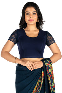 Abhi Cotton Readymade Saree Blouse for Women- Half Net Sleeves, Round Neck, Regular-fit, Stretchable, Pull-on Style Blouse