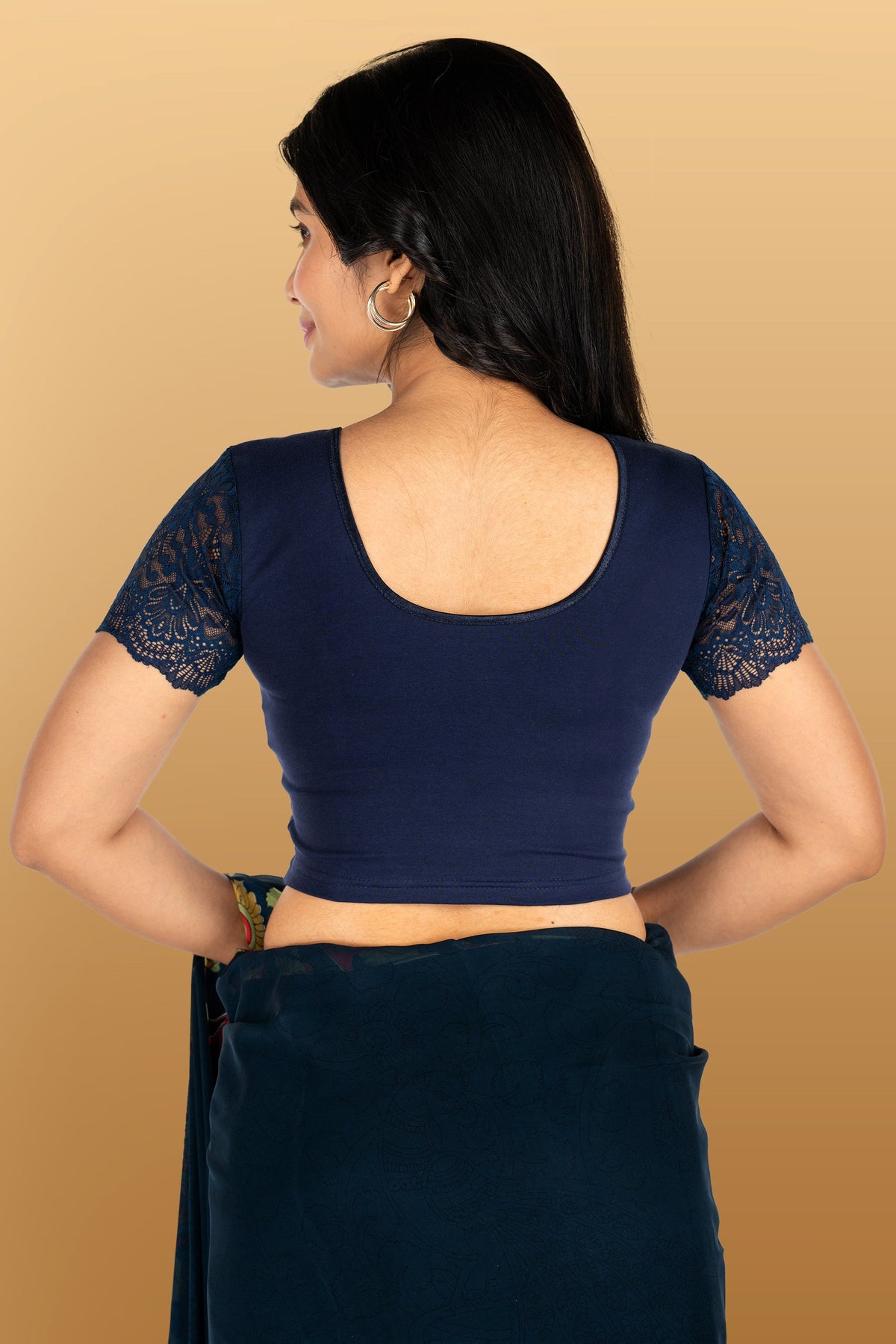 Abhi Cotton Readymade Saree Blouse for Women- Half Net Sleeves, Round Neck, Regular-fit, Stretchable, Pull-on Style Blouse