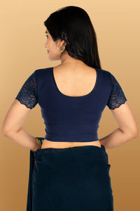 Abhi Cotton Readymade Saree Blouse for Women- Half Net Sleeves, Round Neck, Regular-fit, Stretchable, Pull-on Style Blouse