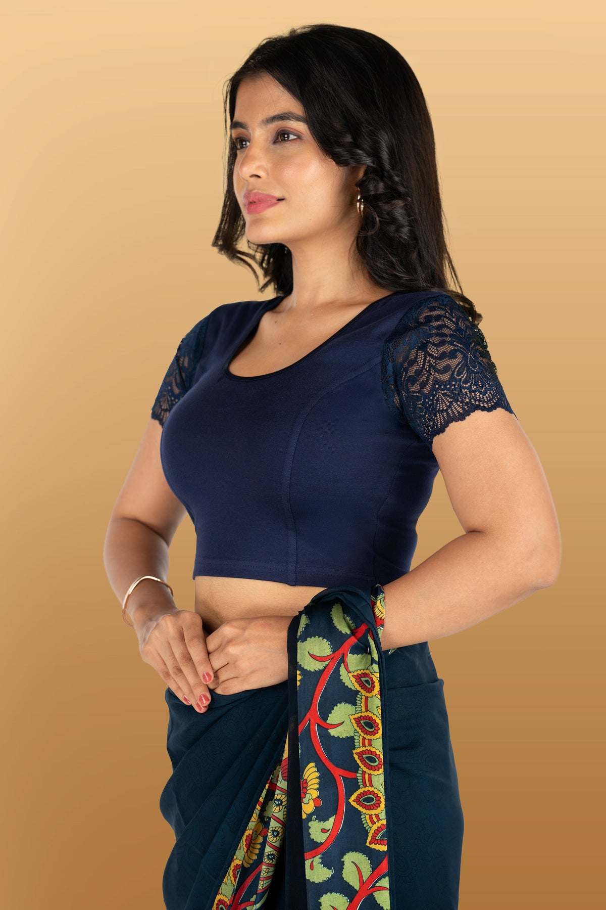 Abhi Cotton Readymade Saree Blouse for Women- Half Net Sleeves, Round Neck, Regular-fit, Stretchable, Pull-on Style Blouse