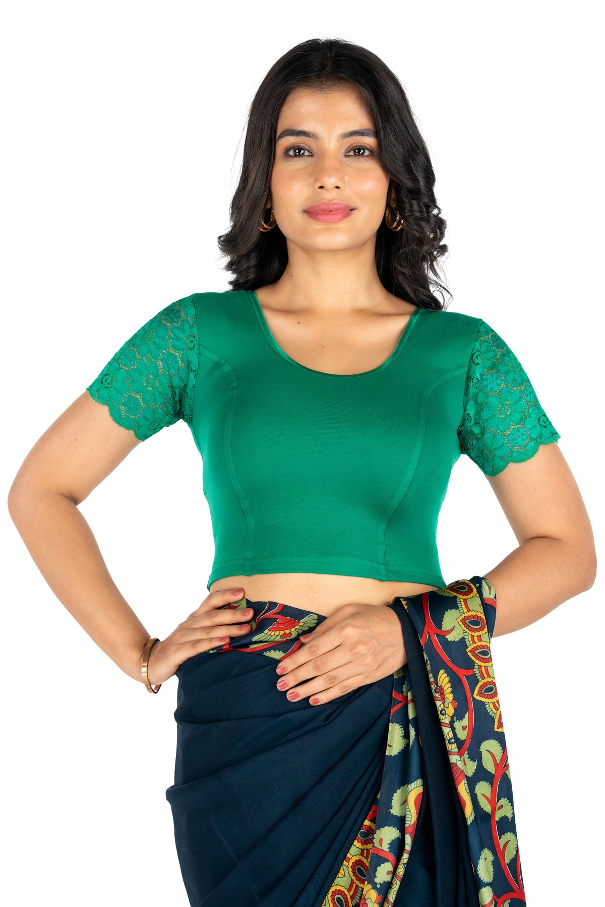 Abhi Cotton Readymade Saree Blouse for Women- Half Net Sleeves, Round Neck, Regular-fit, Stretchable, Pull-on Style Blouse