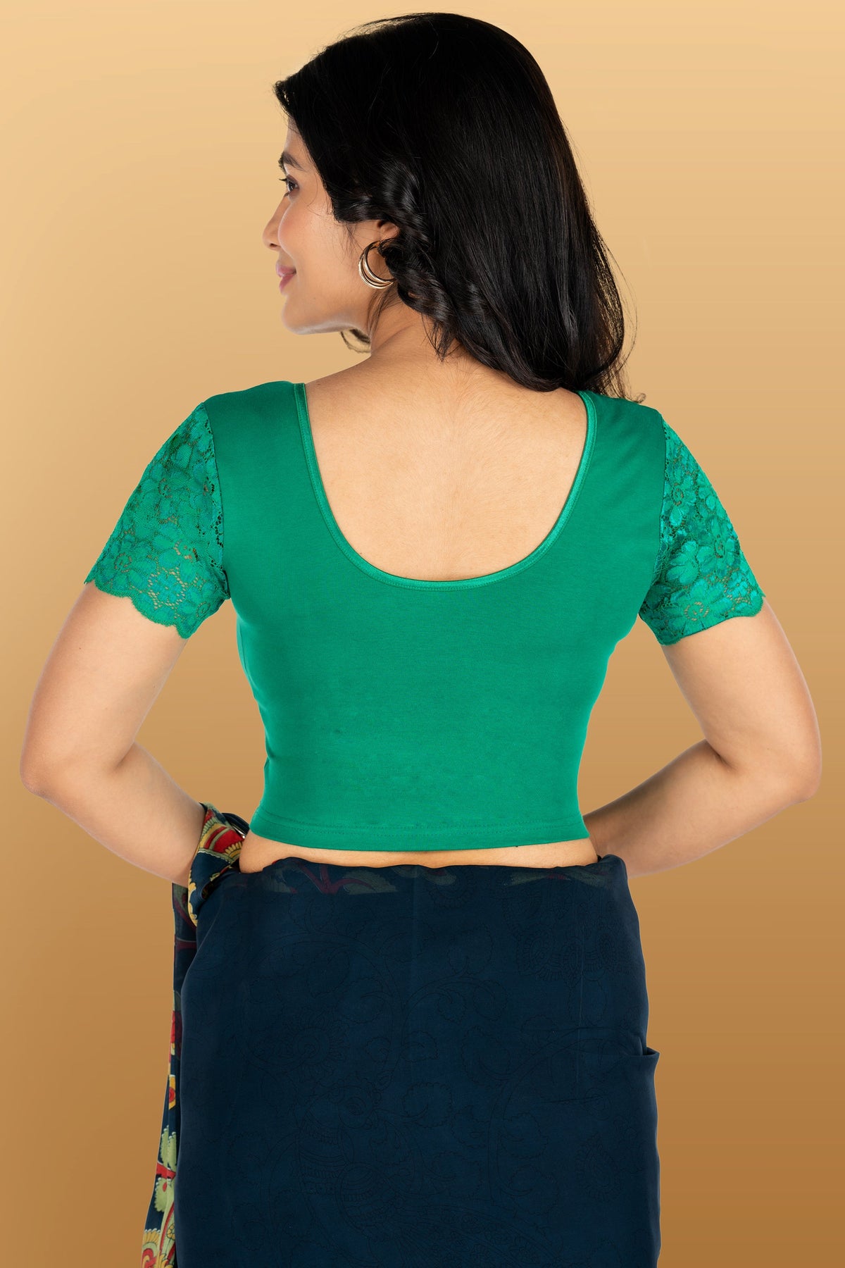 Abhi Cotton Readymade Saree Blouse for Women- Half Net Sleeves, Round Neck, Regular-fit, Stretchable, Pull-on Style Blouse