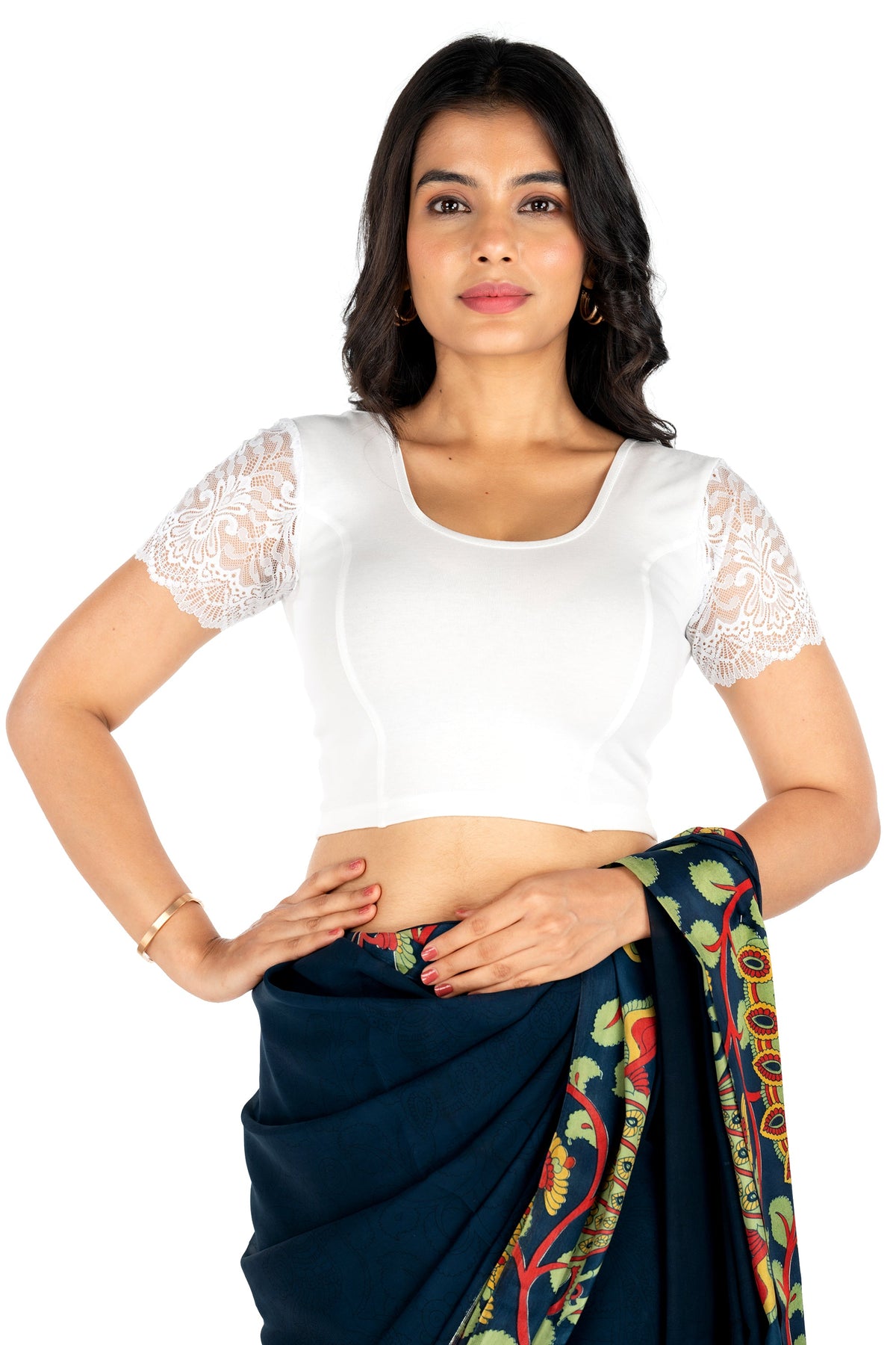 Abhi Cotton Readymade Saree Blouse for Women- Half Net Sleeves, Round Neck, Regular-fit, Stretchable, Pull-on Style Blouse