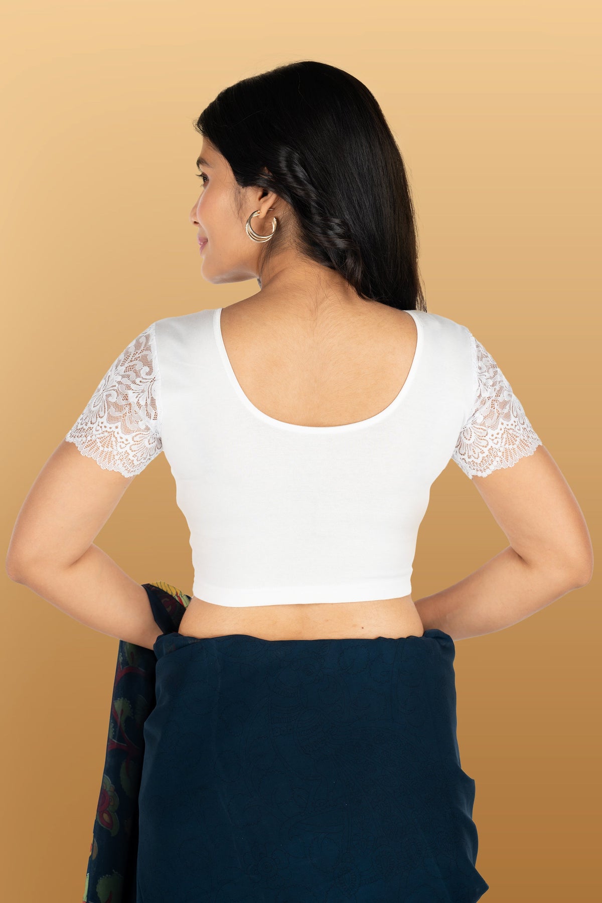 Abhi Cotton Readymade Saree Blouse for Women- Half Net Sleeves, Round Neck, Regular-fit, Stretchable, Pull-on Style Blouse