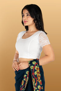 Abhi Cotton Readymade Saree Blouse for Women- Half Net Sleeves, Round Neck, Regular-fit, Stretchable, Pull-on Style Blouse