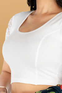 Abhi Cotton Readymade Saree Blouse for Women- Half Net Sleeves, Round Neck, Regular-fit, Stretchable, Pull-on Style Blouse