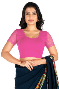 Abhi Cotton Readymade Saree Blouse for Women- Half Net Sleeves, Round Neck, Regular-fit, Stretchable, Pull-on Style Blouse