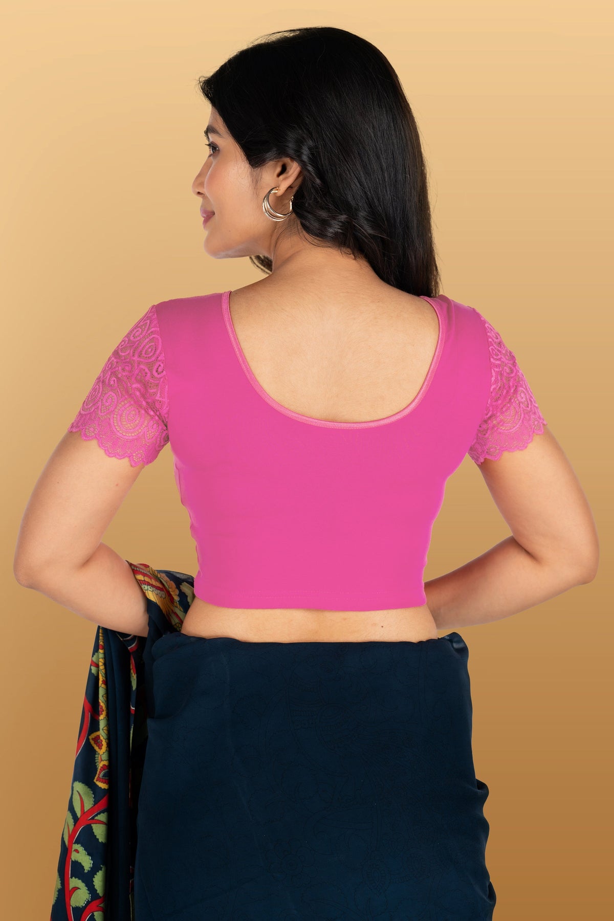 Abhi Cotton Readymade Saree Blouse for Women- Half Net Sleeves, Round Neck, Regular-fit, Stretchable, Pull-on Style Blouse