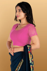 Abhi Cotton Readymade Saree Blouse for Women- Half Net Sleeves, Round Neck, Regular-fit, Stretchable, Pull-on Style Blouse