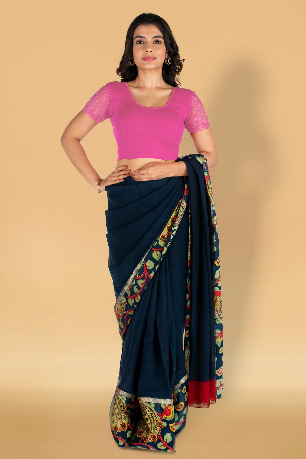 Abhi Cotton Readymade Saree Blouse for Women- Half Net Sleeves, Round Neck, Regular-fit, Stretchable, Pull-on Style Blouse