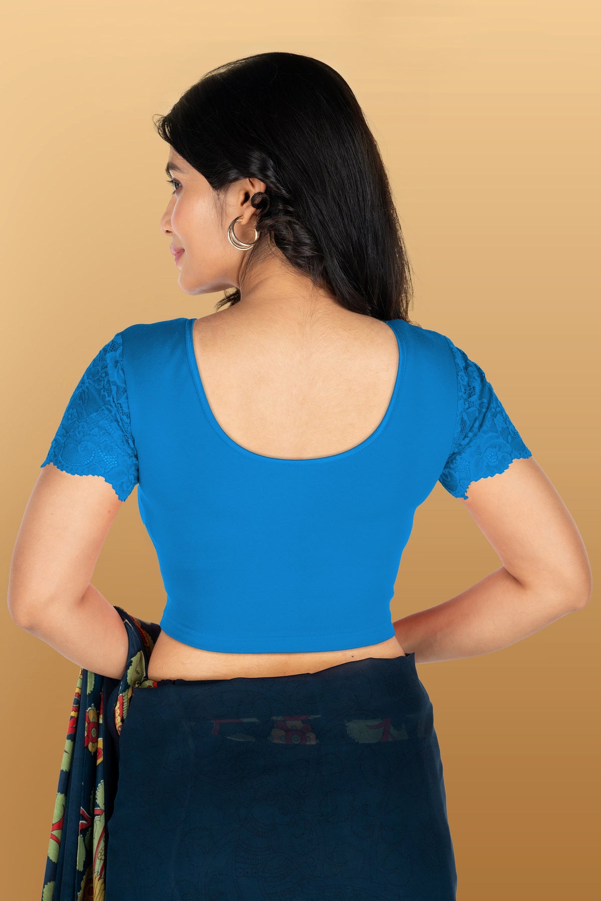 Abhi Cotton Readymade Saree Blouse for Women- Half Net Sleeves, Round Neck, Regular-fit, Stretchable, Pull-on Style Blouse