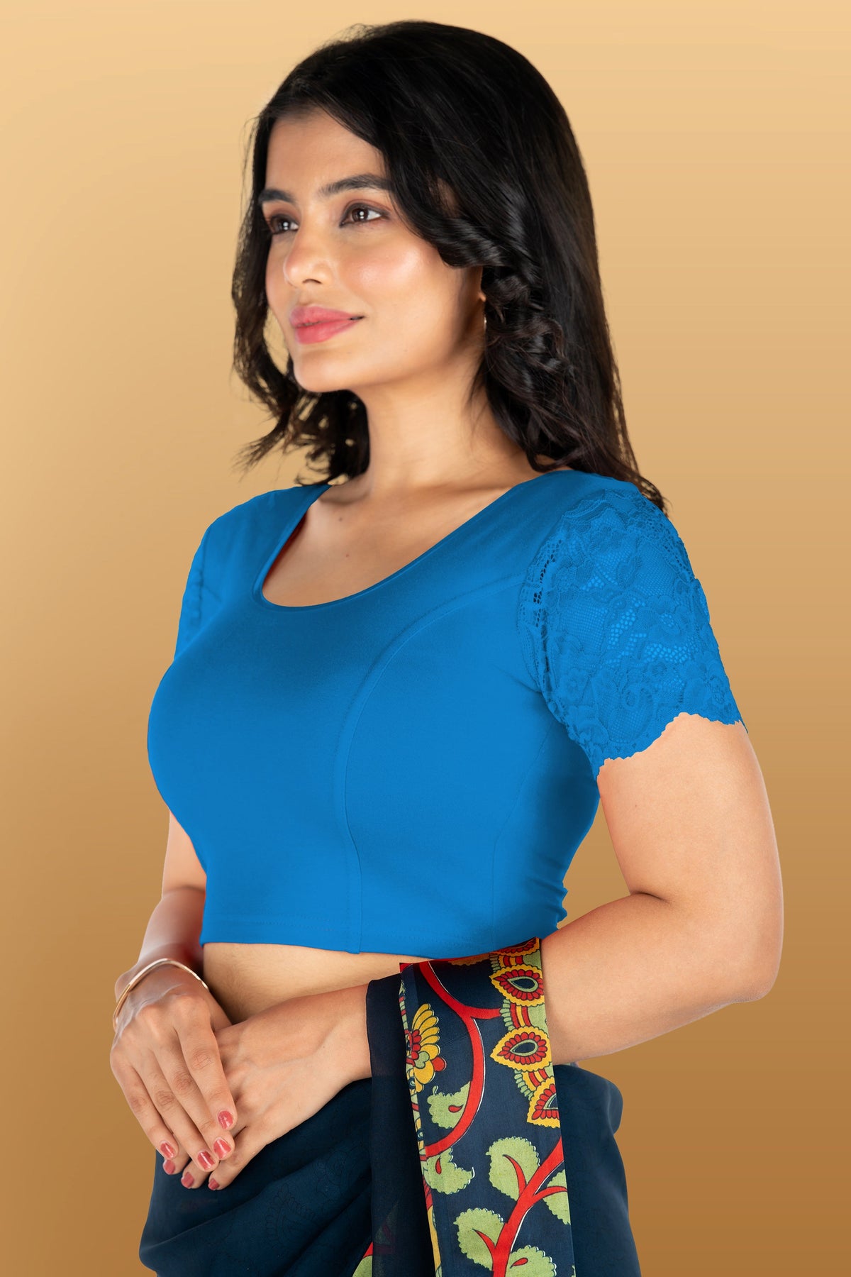 Abhi Cotton Readymade Saree Blouse for Women- Half Net Sleeves, Round Neck, Regular-fit, Stretchable, Pull-on Style Blouse