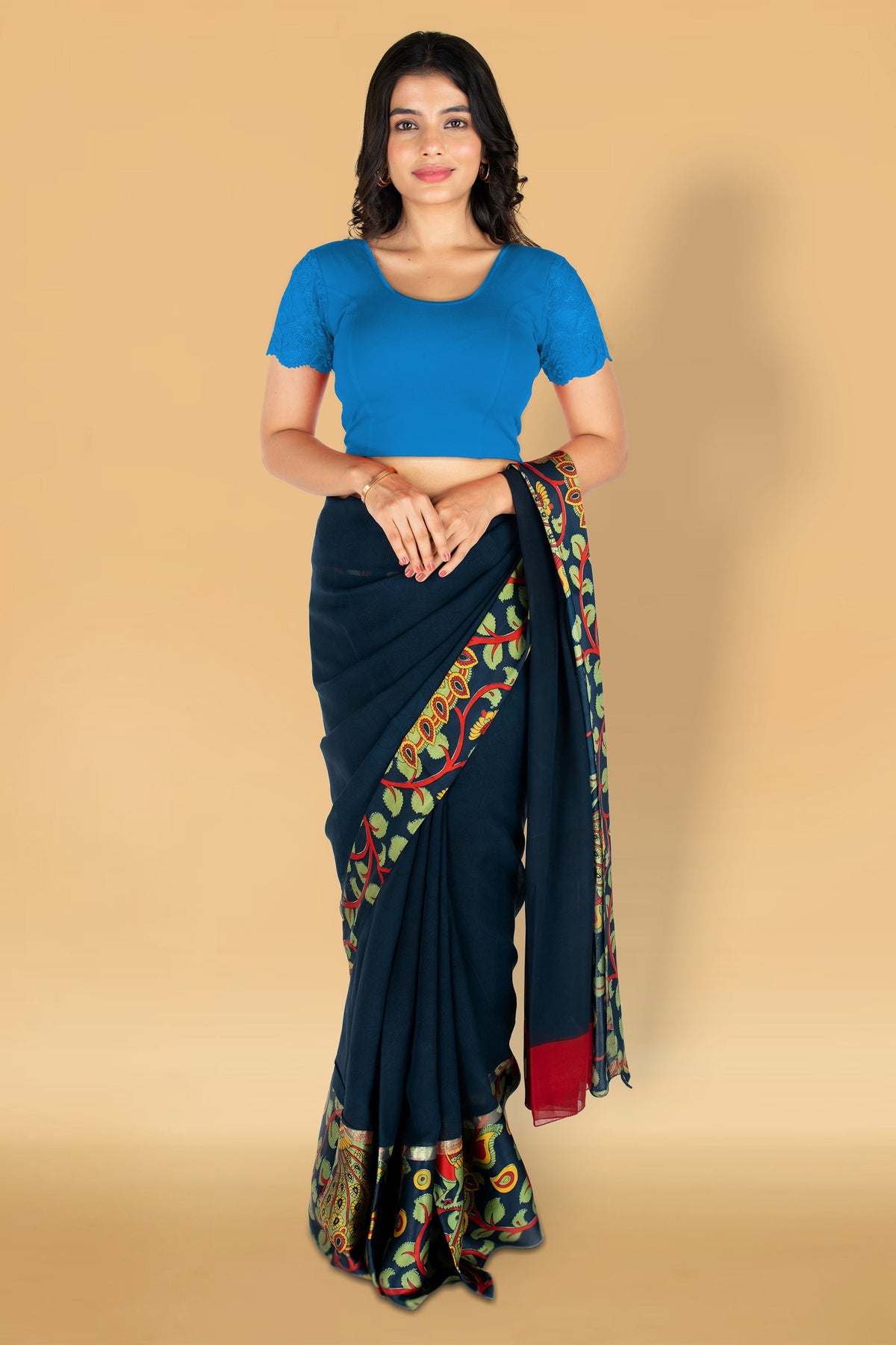 Abhi Cotton Readymade Saree Blouse for Women- Half Net Sleeves, Round Neck, Regular-fit, Stretchable, Pull-on Style Blouse