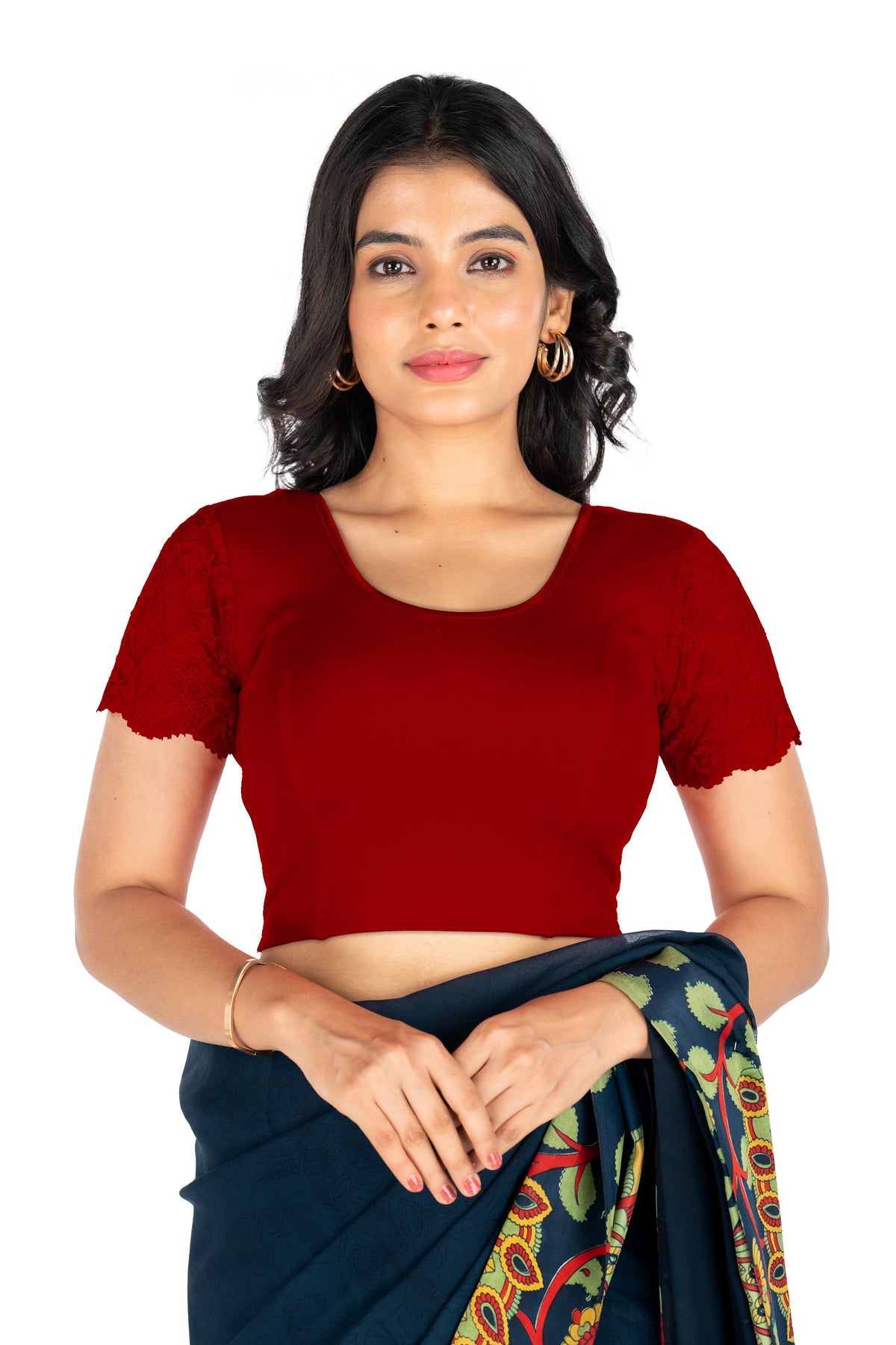 Abhi Cotton Readymade Saree Blouse for Women- Half Net Sleeves, Round Neck, Regular-fit, Stretchable, Pull-on Style Blouse