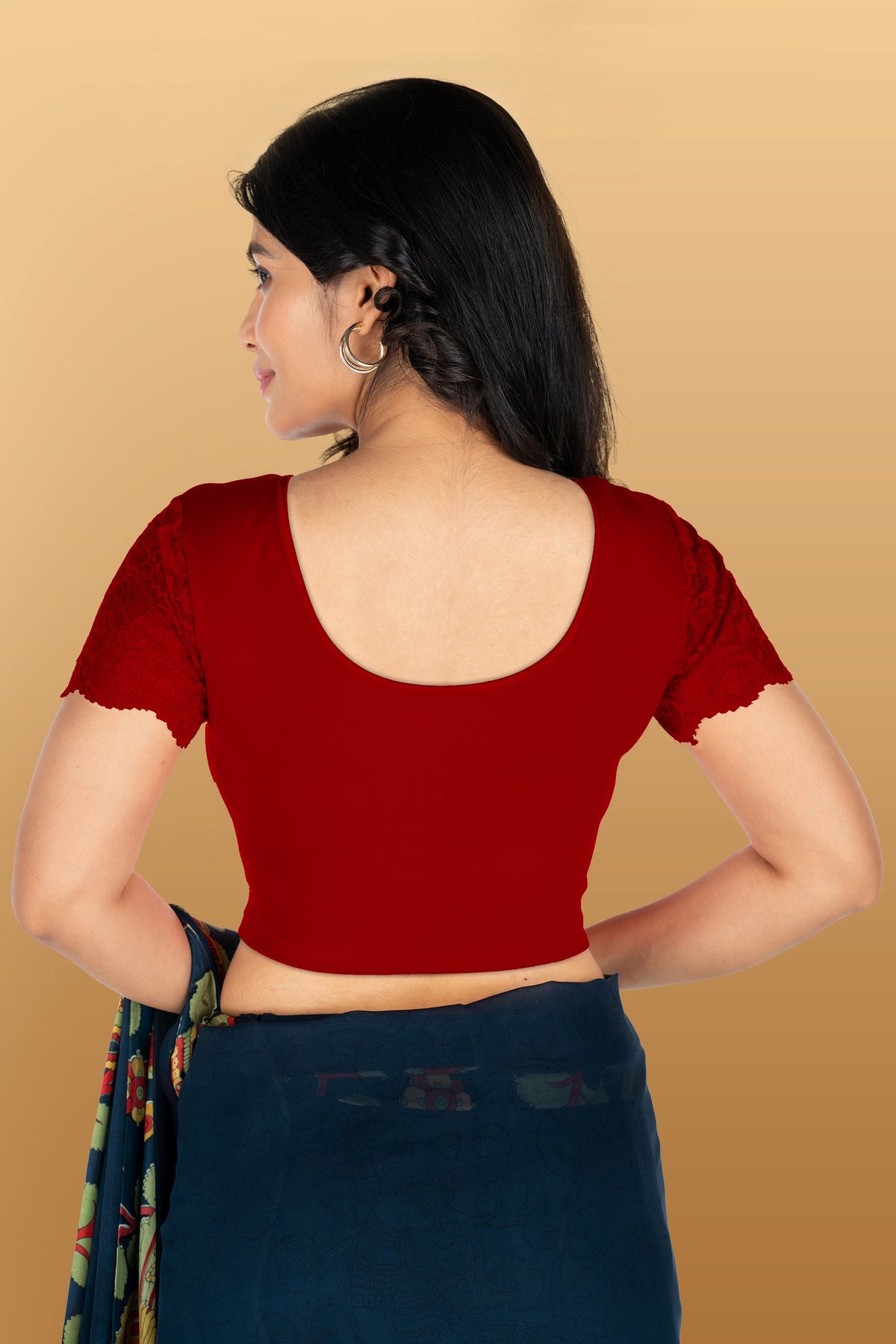 Abhi Cotton Readymade Saree Blouse for Women- Half Net Sleeves, Round Neck, Regular-fit, Stretchable, Pull-on Style Blouse
