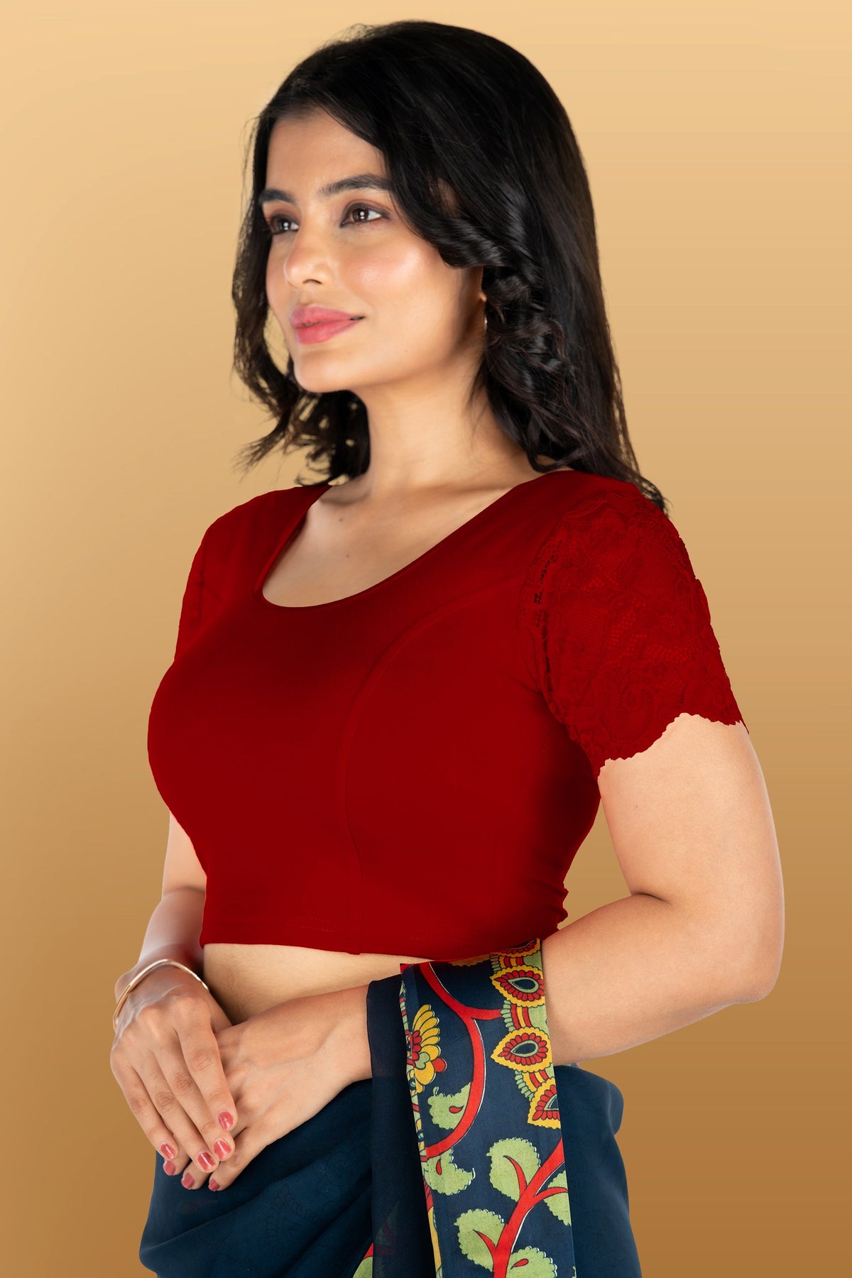 Abhi Cotton Readymade Saree Blouse for Women- Half Net Sleeves, Round Neck, Regular-fit, Stretchable, Pull-on Style Blouse