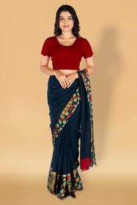 Abhi Cotton Readymade Saree Blouse for Women- Half Net Sleeves, Round Neck, Regular-fit, Stretchable, Pull-on Style Blouse
