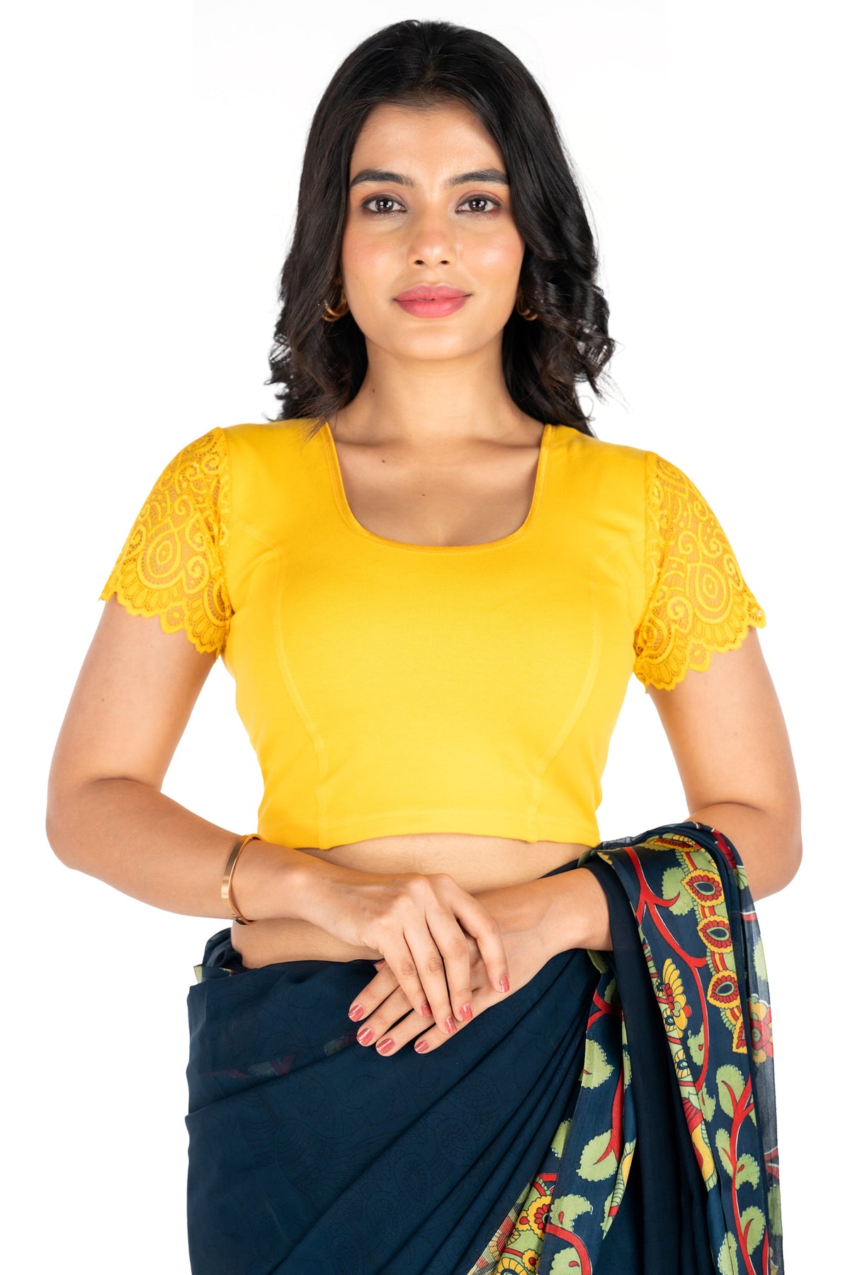 Abhi Cotton Readymade Saree Blouse for Women- Half Net Sleeves, Round Neck, Regular-fit, Stretchable, Pull-on Style Blouse
