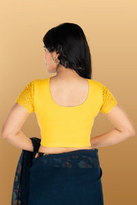 Abhi Cotton Readymade Saree Blouse for Women- Half Net Sleeves, Round Neck, Regular-fit, Stretchable, Pull-on Style Blouse
