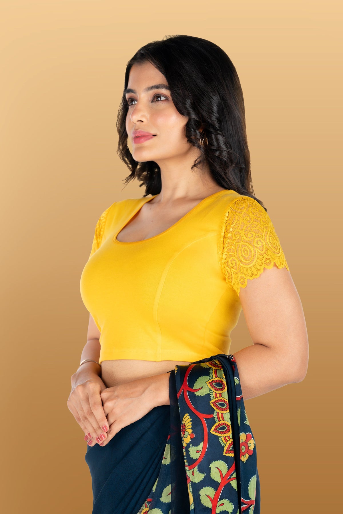 Abhi Cotton Readymade Saree Blouse for Women- Half Net Sleeves, Round Neck, Regular-fit, Stretchable, Pull-on Style Blouse